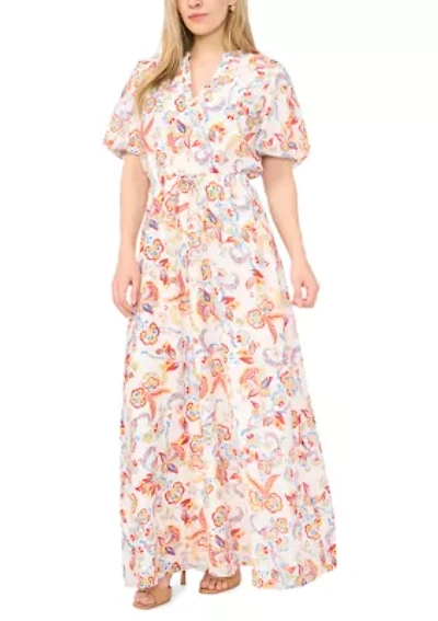 Women's Puff Sleeve Split Neck Floral Midi Dress