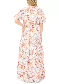 Women's Puff Sleeve Split Neck Floral Midi Dress