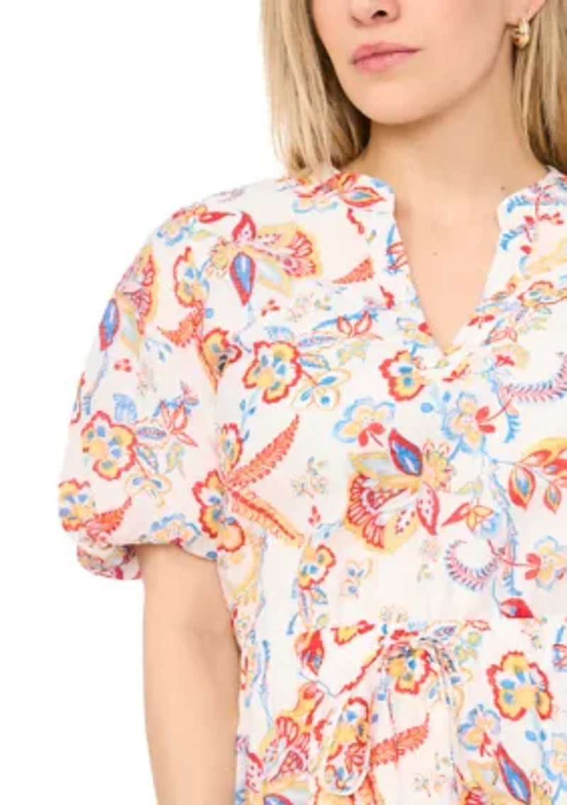 Women's Puff Sleeve Split Neck Floral Midi Dress