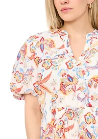 Women's Puff Sleeve Split Neck Floral Midi Dress