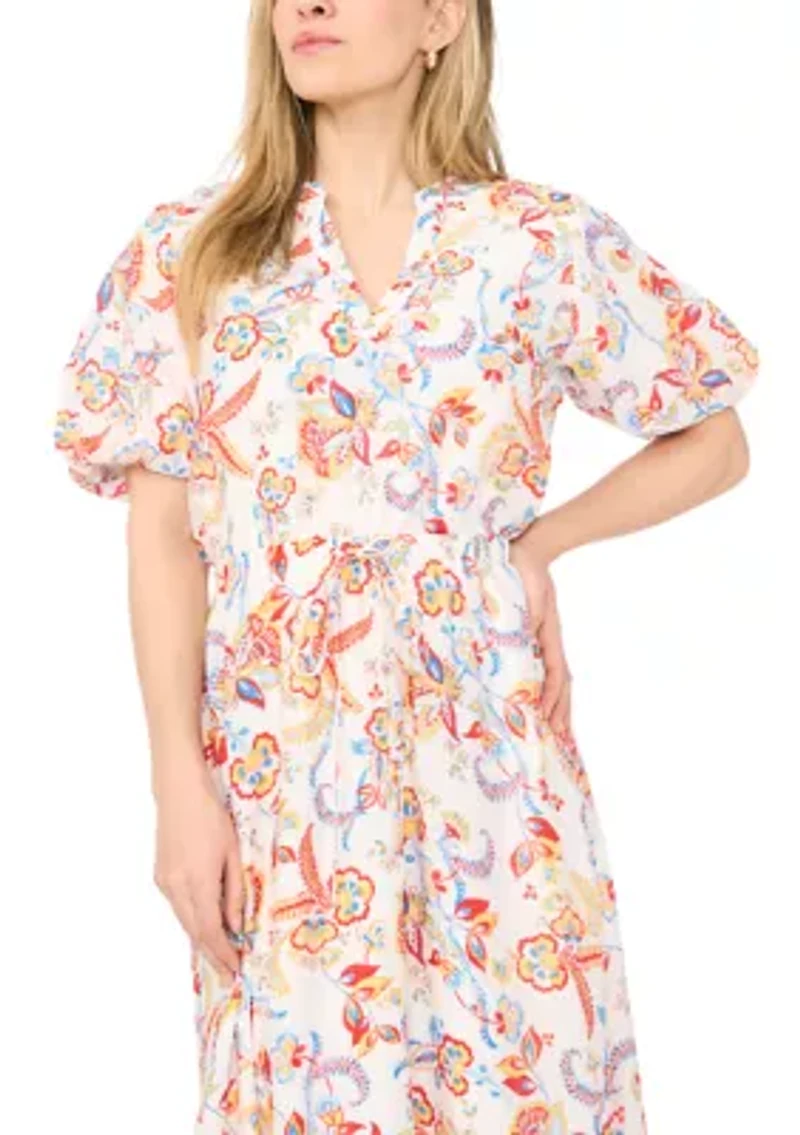 Women's Puff Sleeve Split Neck Floral Midi Dress