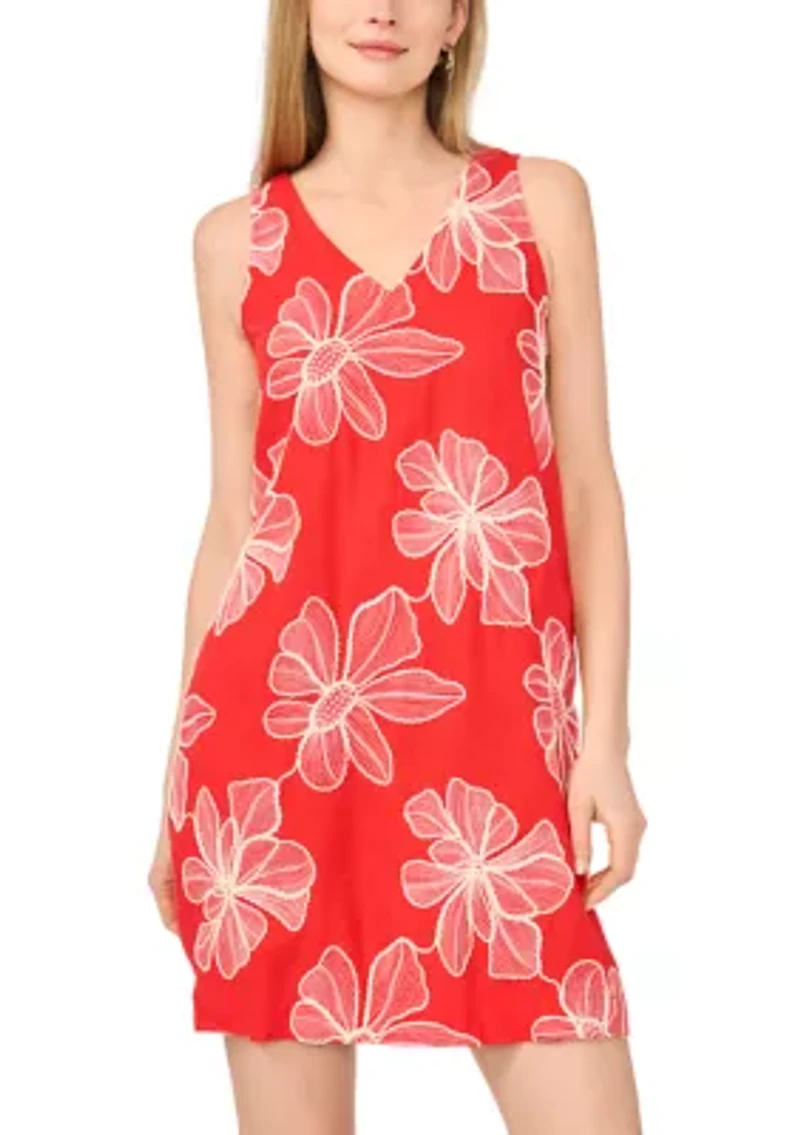 Women's Sleeveless V-Neck Floral Embroidered Trapeze Dress