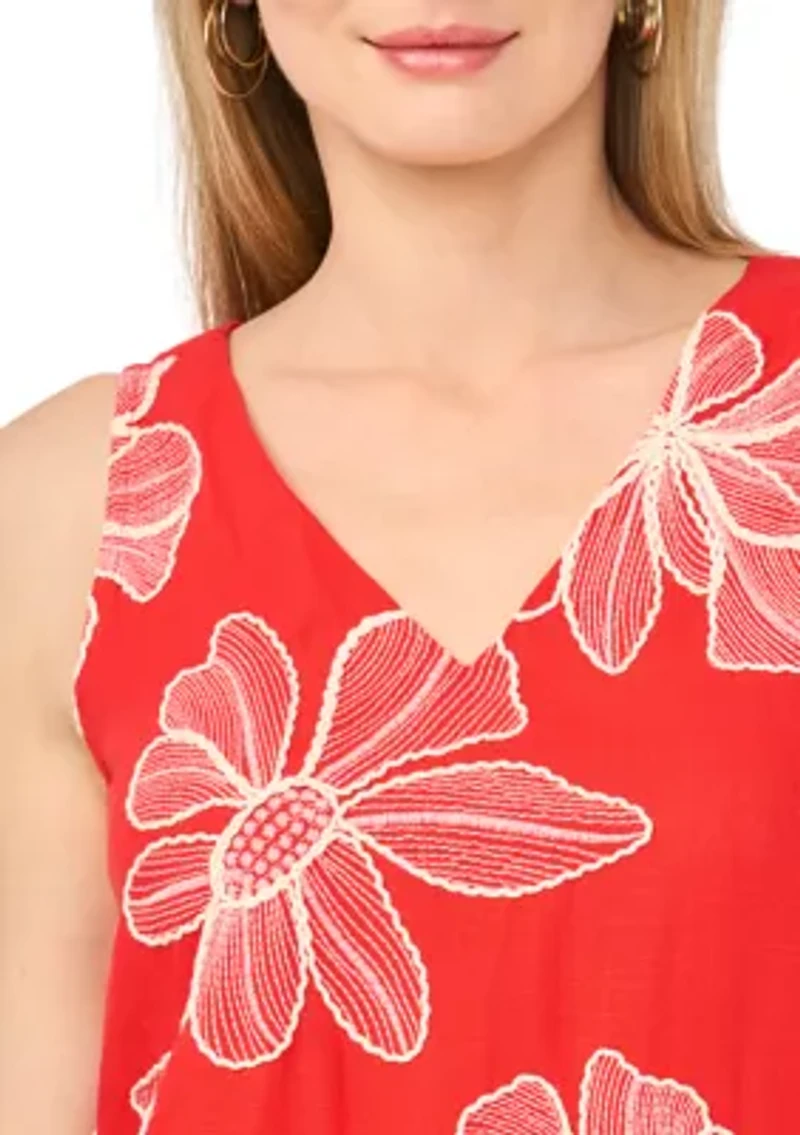 Women's Sleeveless V-Neck Floral Embroidered Trapeze Dress