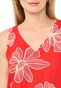 Women's Sleeveless V-Neck Floral Embroidered Trapeze Dress
