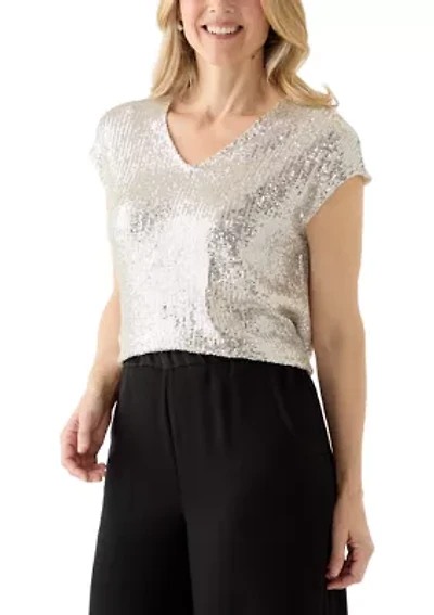 Women's Short Sleeve V-Neck Sequin T-Shirt