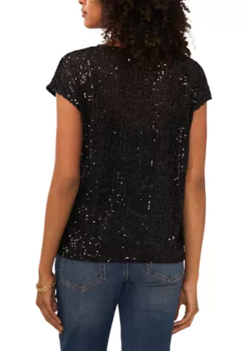 Women's Short Sleeve V-Neck Sequin T-Shirt