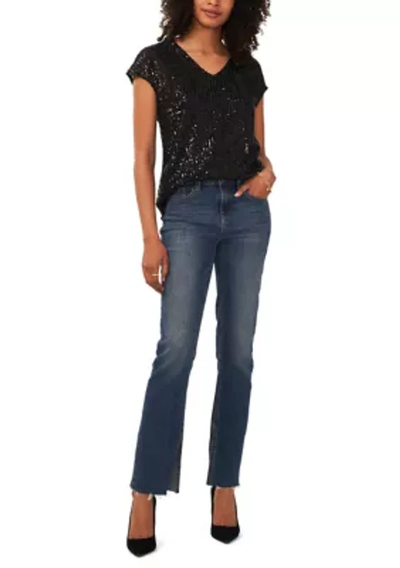 Women's Short Sleeve V-Neck Sequin T-Shirt