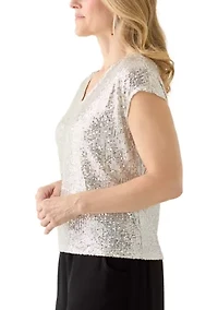 Women's Short Sleeve V-Neck Sequin T-Shirt