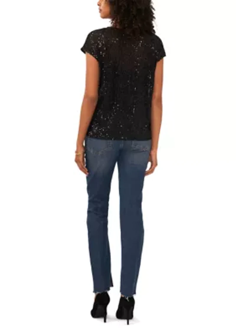Women's Short Sleeve V-Neck Sequin T-Shirt