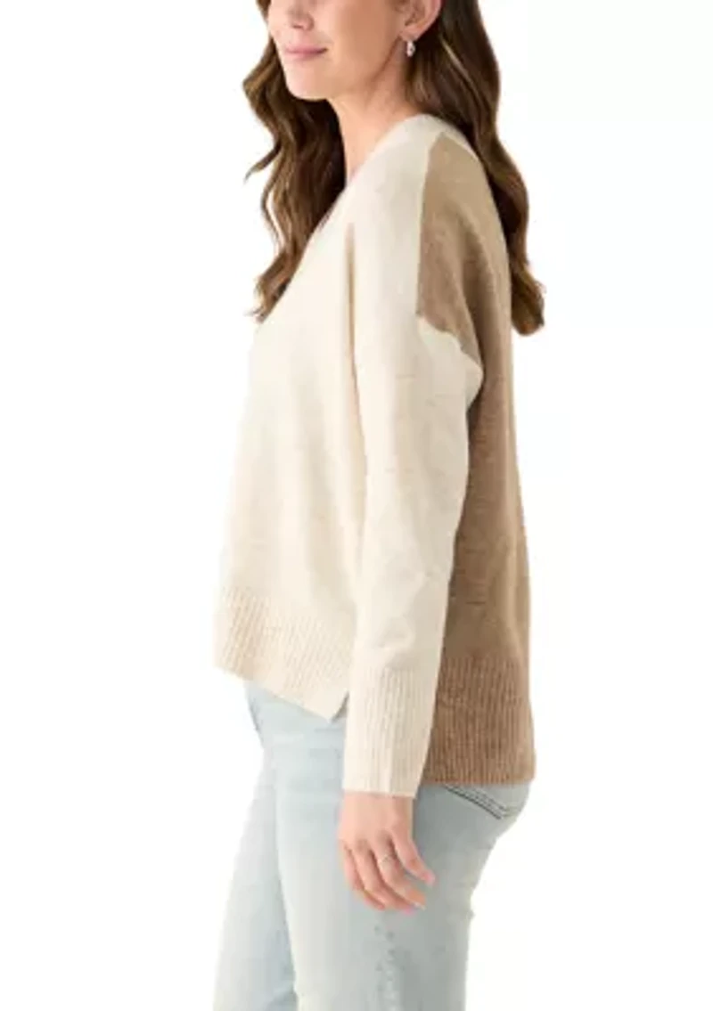 Women's Long Sleeve V-Neck Colorblock Sweater