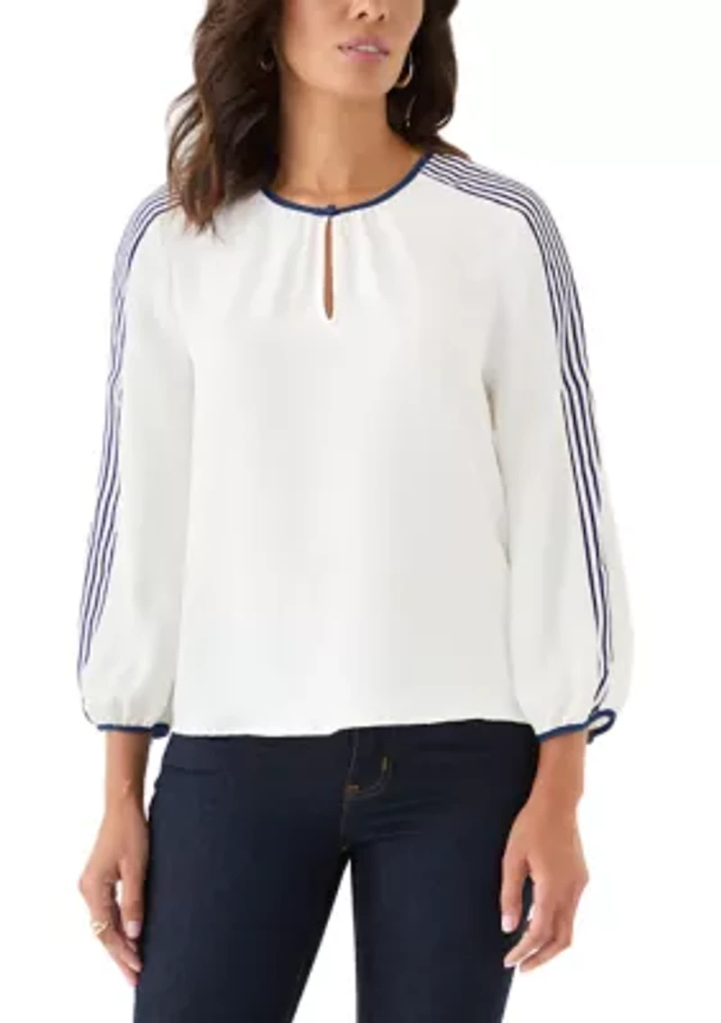 Women's Long Striped Sleeve Split Neck Blouse