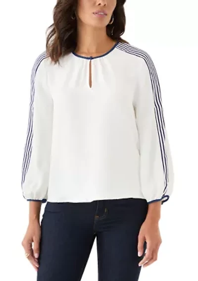 Women's Long Striped Sleeve Split Neck Blouse