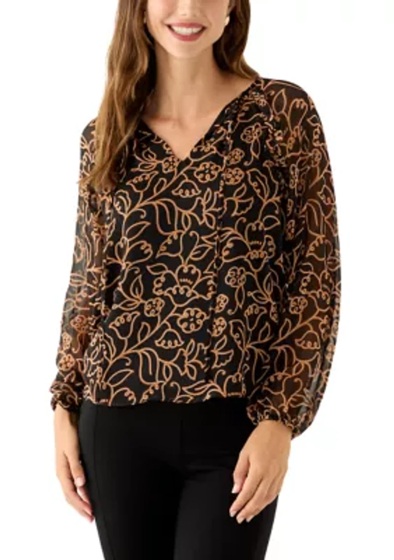 Women's Long Sleeve Split Neck Floral Ruffle Blouse
