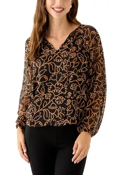 Women's Long Sleeve Split Neck Floral Ruffle Blouse