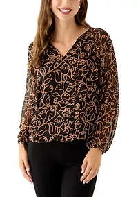 Women's Long Sleeve Split Neck Floral Ruffle Blouse