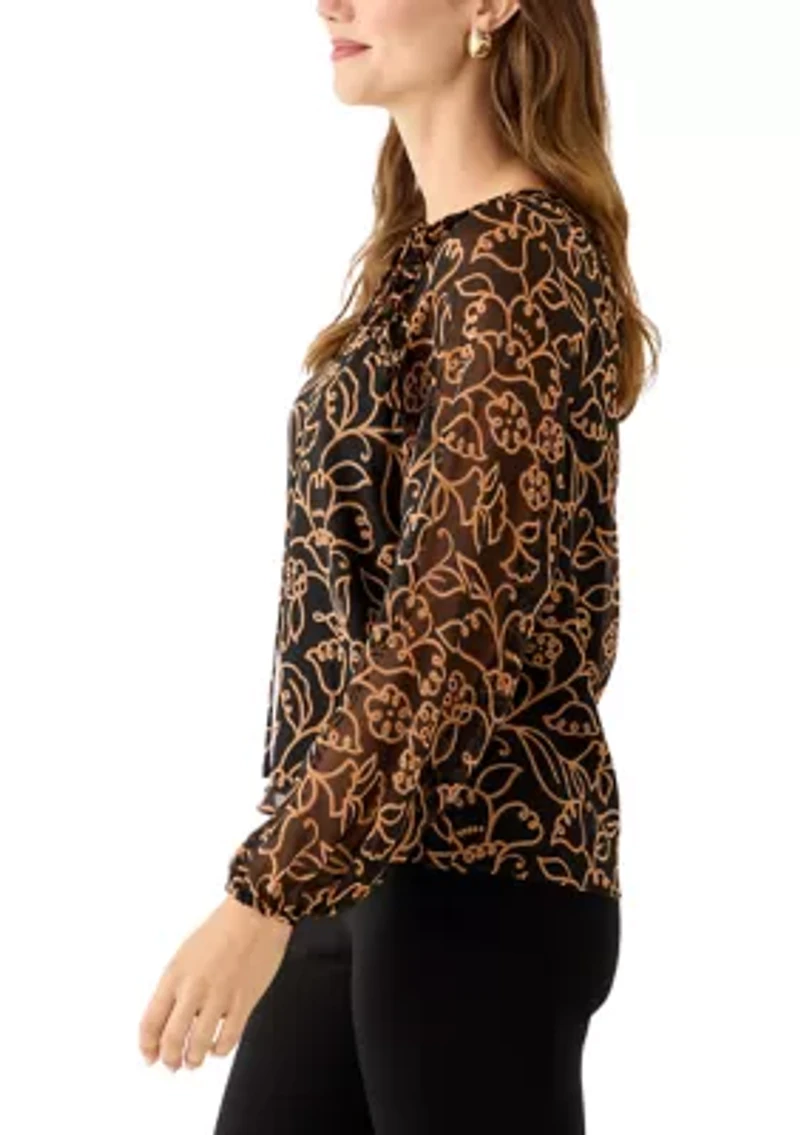 Women's Long Sleeve Split Neck Floral Ruffle Blouse