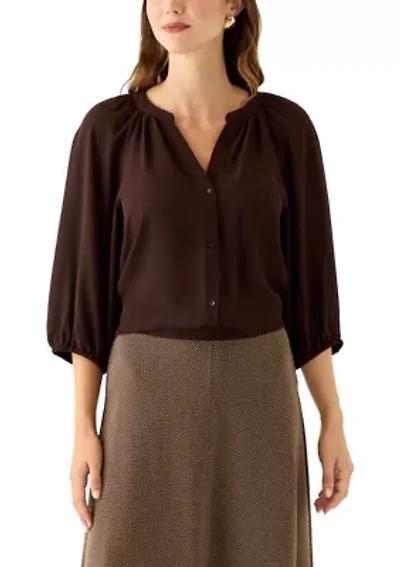 Women's 3/4 Sleeve Split Neck Button Front Top