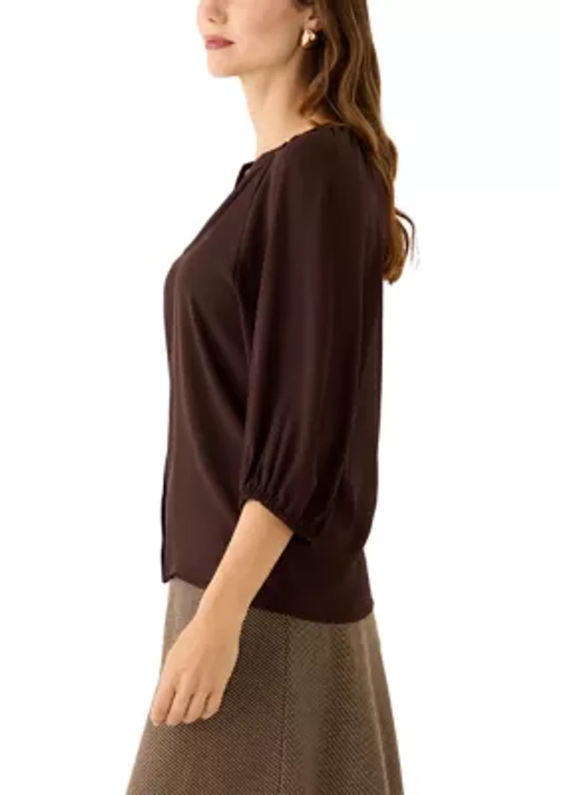 Women's 3/4 Sleeve Split Neck Button Front Top