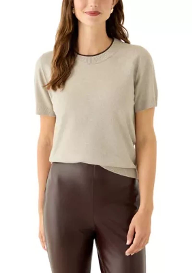 Women's Short Sleeve Tipped Crew Neck Sweater