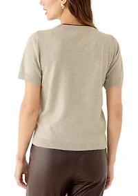 Women's Short Sleeve Tipped Crew Neck Sweater