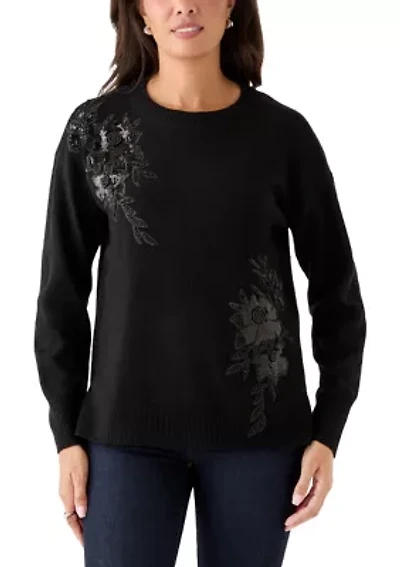 Women's Long Sleeve Floral Appliqué Sweater