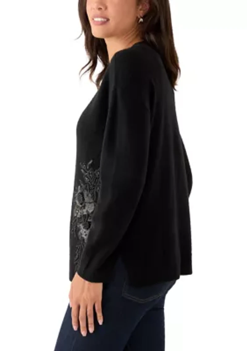 Women's Long Sleeve Floral Appliqué Sweater