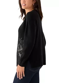 Women's Long Sleeve Floral Appliqué Sweater