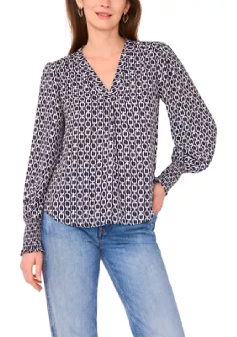 Women's Blouson Sleeve Smock Cuff Geo Printed Blouse