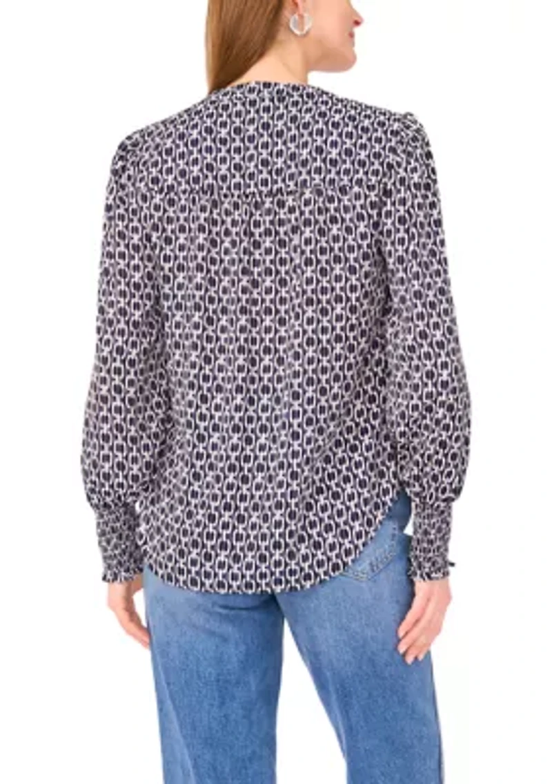 Women's Blouson Sleeve Smock Cuff Geo Printed Blouse