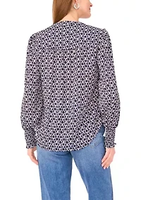 Women's Blouson Sleeve Smock Cuff Geo Printed Blouse