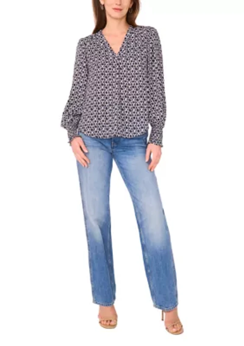 Women's Blouson Sleeve Smock Cuff Geo Printed Blouse