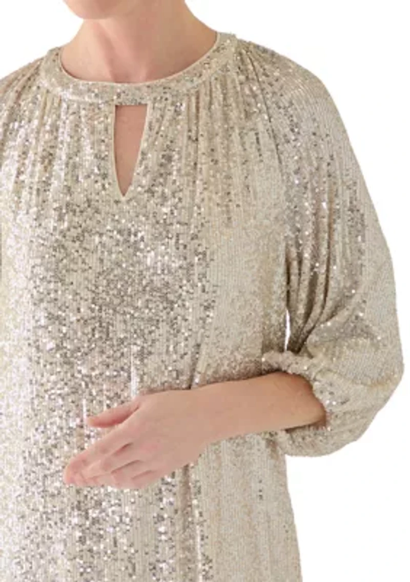 Women's Puff Sleeve Keyhole Sequin Dress