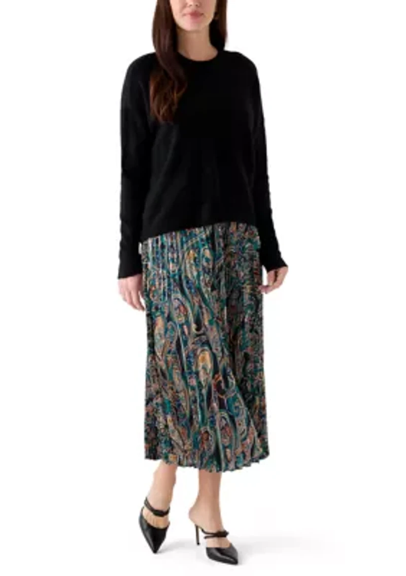 Women's Long Sleeve Sweater Paisley Pleated Twofer Skirt