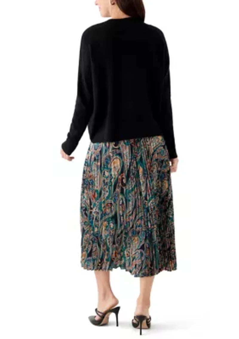 Women's Long Sleeve Sweater Paisley Pleated Twofer Skirt