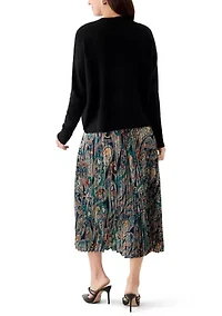 Women's Long Sleeve Sweater Paisley Pleated Twofer Skirt