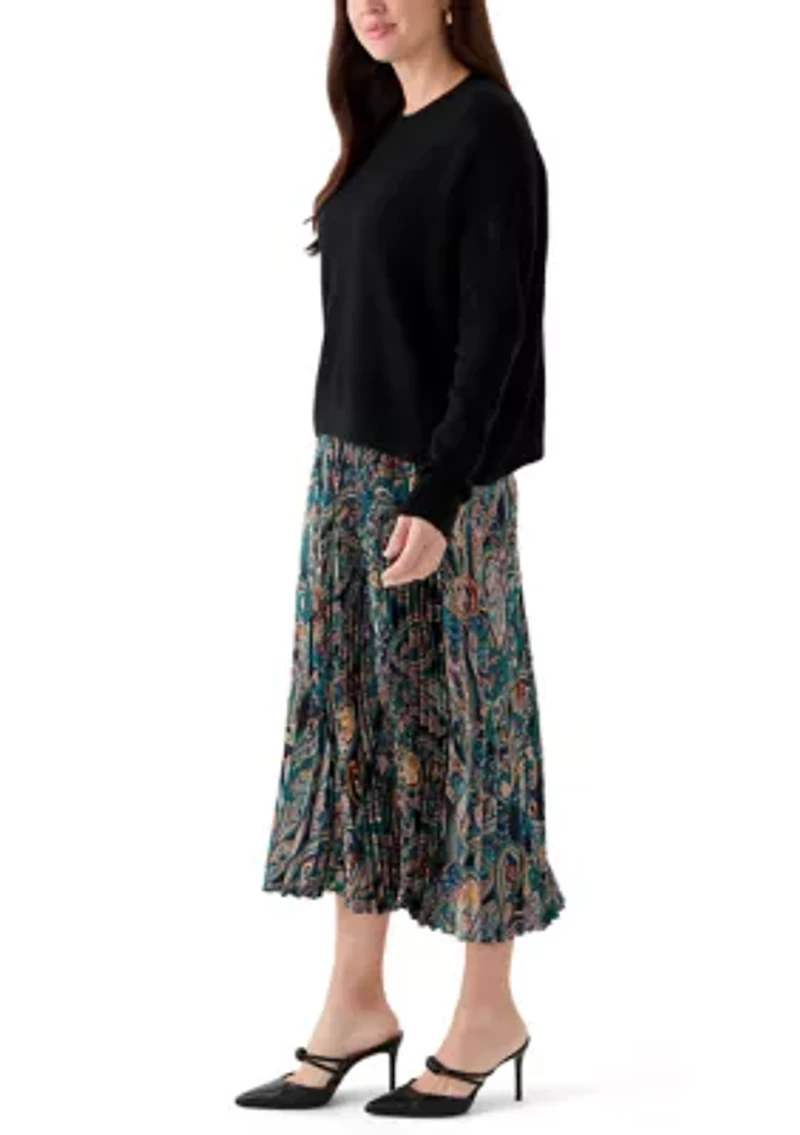 Women's Long Sleeve Sweater Paisley Pleated Twofer Skirt