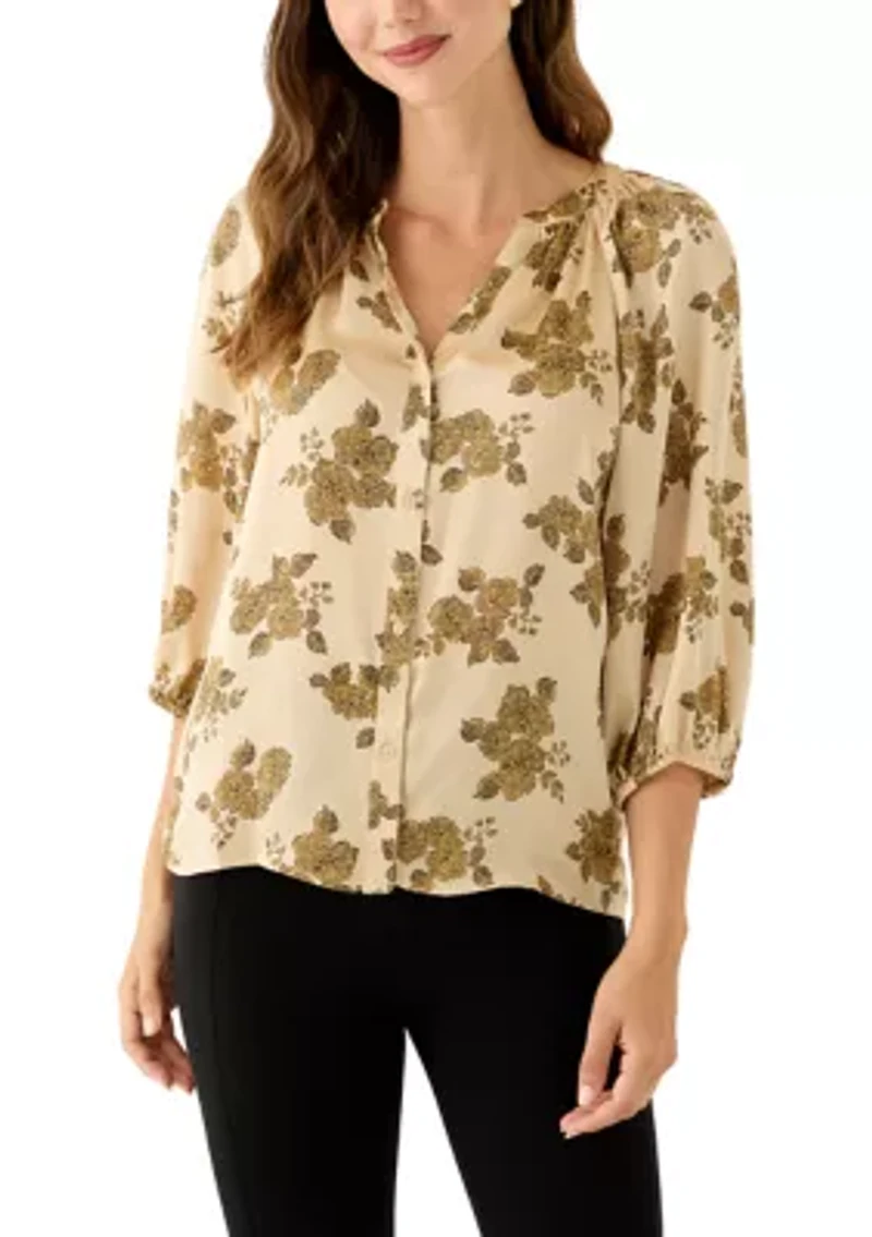 Women's 3/4 Sleeve Split Neck Button Front Floral Blouse