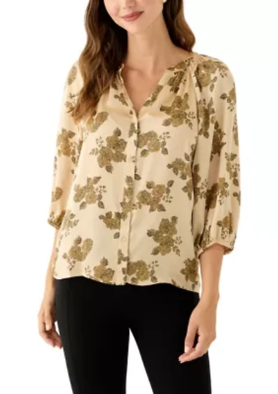 Women's 3/4 Sleeve Split Neck Button Front Floral Blouse