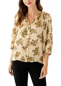 Women's 3/4 Sleeve Split Neck Button Front Floral Blouse