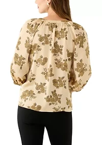 Women's 3/4 Sleeve Split Neck Button Front Floral Blouse