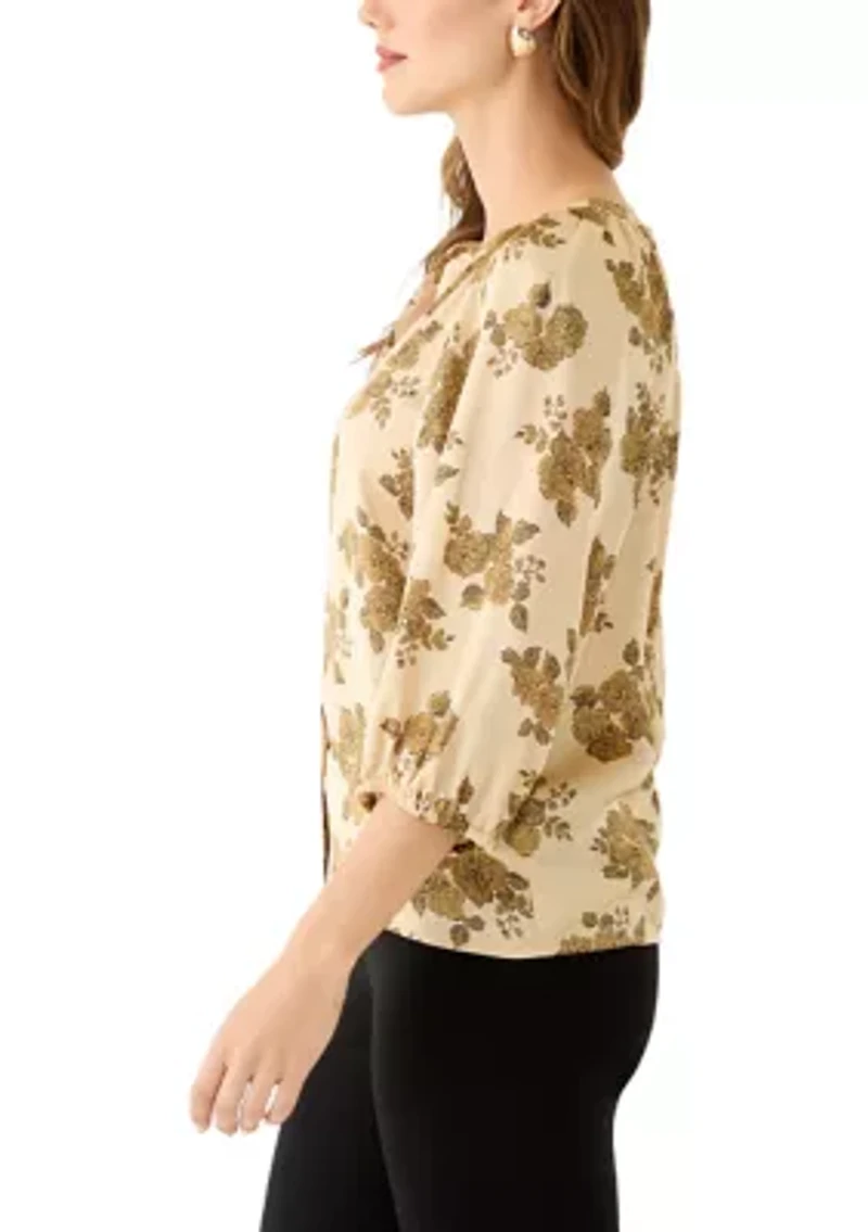 Women's 3/4 Sleeve Split Neck Button Front Floral Blouse