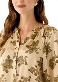 Women's 3/4 Sleeve Split Neck Button Front Floral Blouse