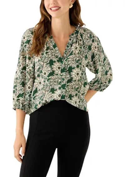 Women's 3/4 Sleeve Split Neck Button Front Floral Blouse