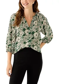 Women's 3/4 Sleeve Split Neck Button Front Floral Blouse