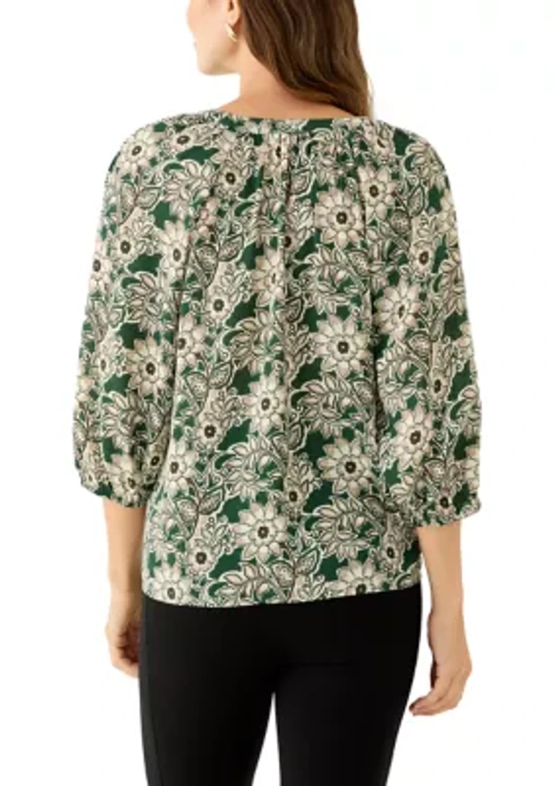 Women's 3/4 Sleeve Split Neck Button Front Floral Blouse