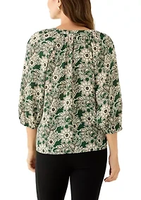 Women's 3/4 Sleeve Split Neck Button Front Floral Blouse