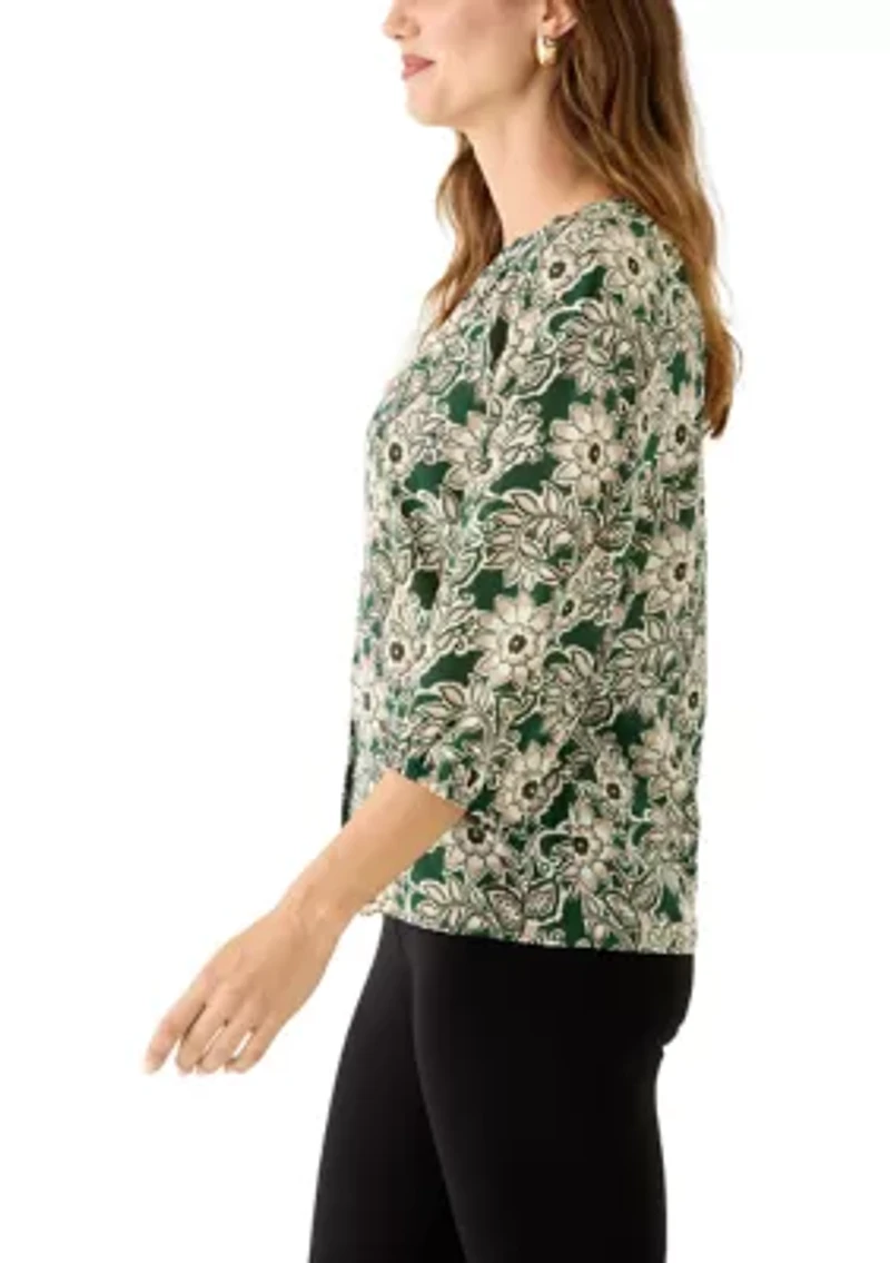 Women's 3/4 Sleeve Split Neck Button Front Floral Blouse