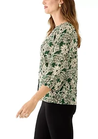 Women's 3/4 Sleeve Split Neck Button Front Floral Blouse