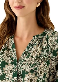 Women's 3/4 Sleeve Split Neck Button Front Floral Blouse