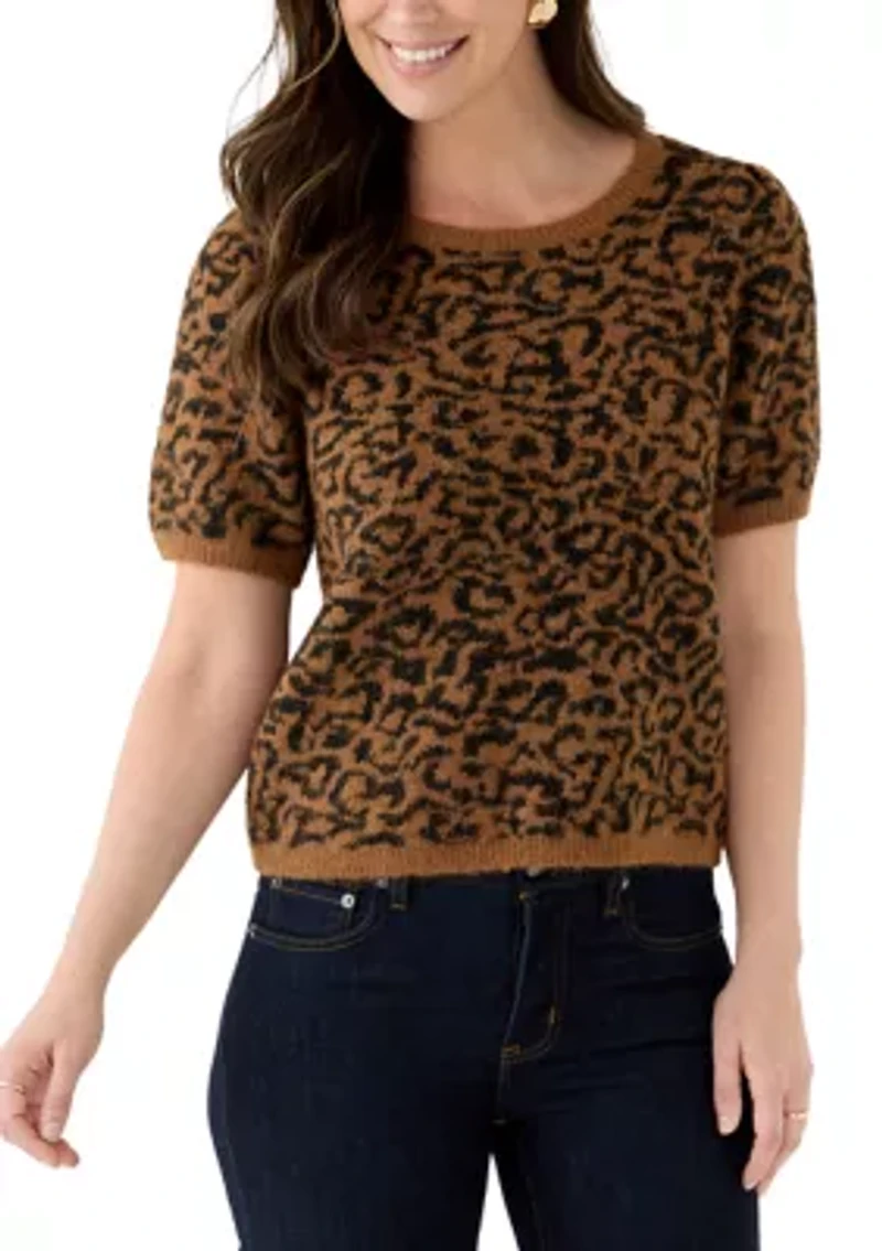 Women's Short Sleeve Tip Leopard Sweater